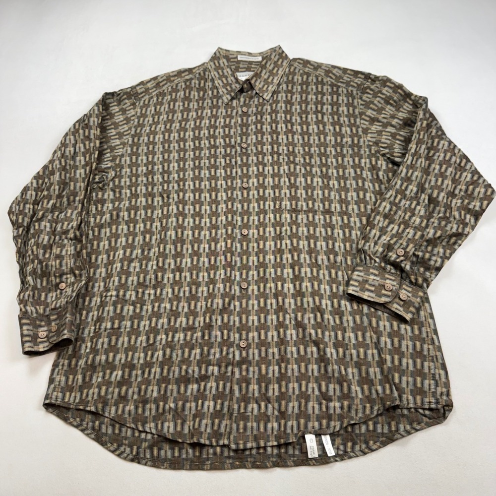 VTG Jhane Barnes Mens Med Brown Geometric Japanese Woven Fabric Button Up Shirt
